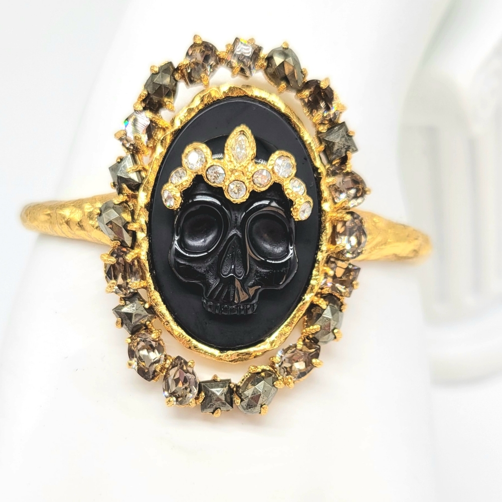 Alexis Bittar Genuine Carved Onyx Skull Cuff Bracelet w/ Swarovski Crystals